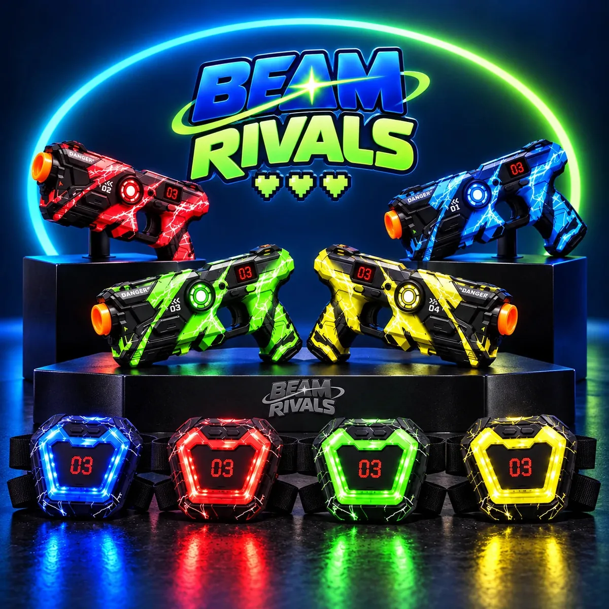 Kit Laser Tag Neon com 4 pistolas e 4 alvos nas cores azul, vermelho, verde e amarelo